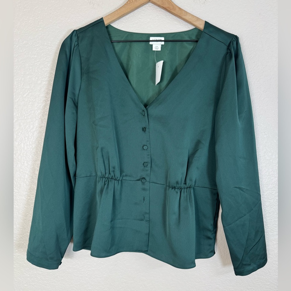 J Crew Green Long Sleeve Peplum Button Front Satin Crepe Blouse Top size 12 - Picture 3 of 8